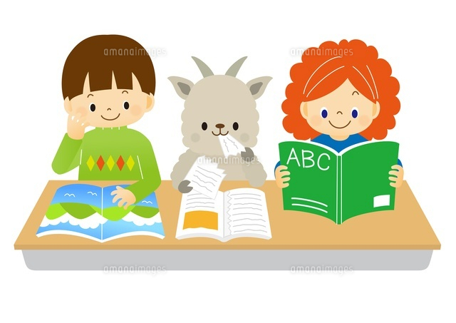 本を広げて勉強をする子供たちとヤギ
(c)Fumi Watanabe/a.collectionRF