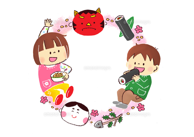 節分の鬼と豆まきをする子供と恵方巻き
(c)Fumi Watanabe/a.collectionRF