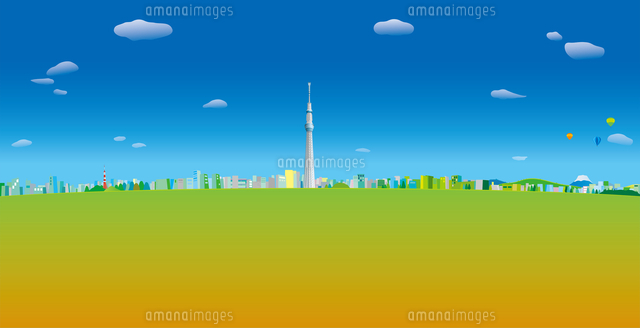 青空と雲と気球の浮かぶ東京スカイツリーと街並み イラスト
(c)imagewerks RF