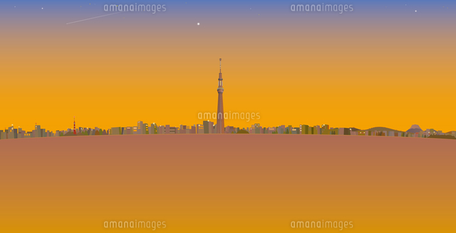 夕暮れと流れ星と東京スカイツリーと街並み イラスト
(c)imagewerks RF
