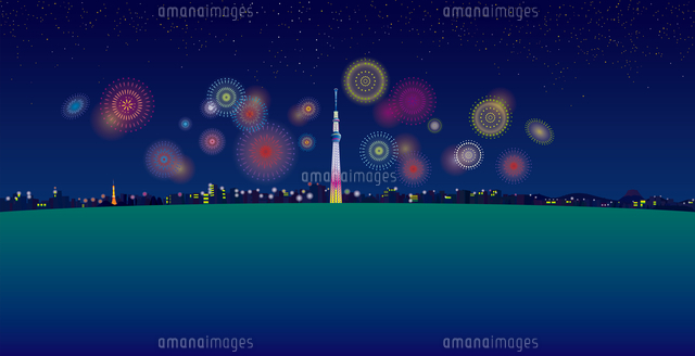 花火のあがる夜空と東京スカイツリーと街並み イラスト
(c)imagewerks RF