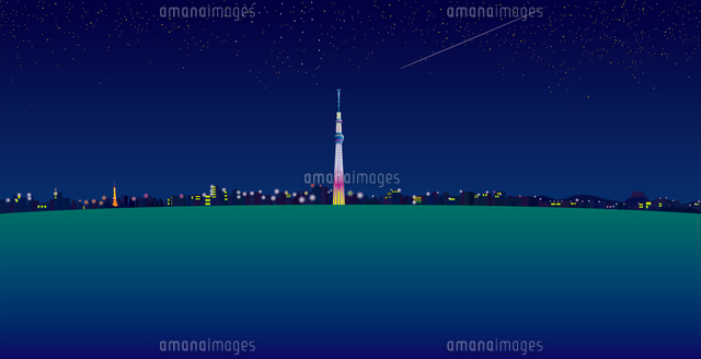 夜空と流れ星と東京スカイツリーと街並み イラスト
(c)imagewerks RF
