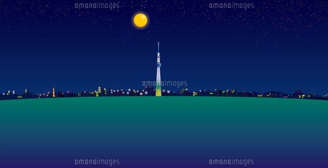 夜空と満月と東京スカイツリーと街並み イラスト
(c)imagewerks RF