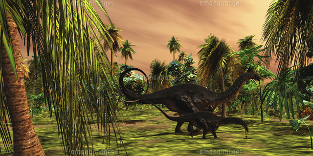 An Apatosaurus mother escorts her hatchling baby.
(c)Corey Ford/Stocktrek Images