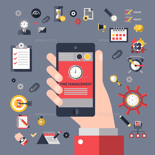 Time management concept with hand holding mobile phone and successful business planning elements vec
(c)Ingram Image