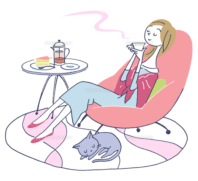 イラスト リビングで紅茶を飲む女性と猫
(c)moonbase
