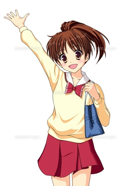 笑顔で手を挙げる通学中の女子生徒(中間服・冬服)
(c)Moeya Nanako Suzuki/a.collectionRF
