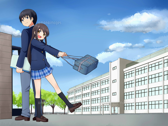 背中合わせで立つ男子生徒と女子生徒(背景校舎)
(c)coaco/a.collectionRF