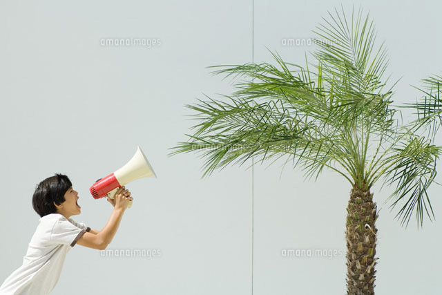 Boy yelling at palm tree with megaphone
(c)Milena Boniek/Photo Alto