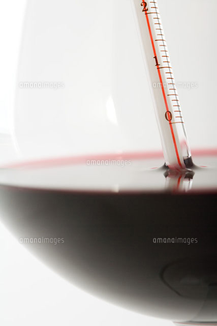Thermometer in glass of red wine, extreme close-up
(c)Laurence Mouton/PhotoAlto