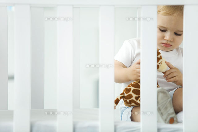 Toddler sitting in crib,playing with stuffed giraffe
(c)Ale Ventura/PhotoAlto