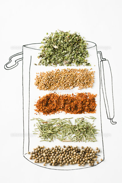 Assorted spices in drawing of canister
(c)Laurence Mouton/PhotoAlto