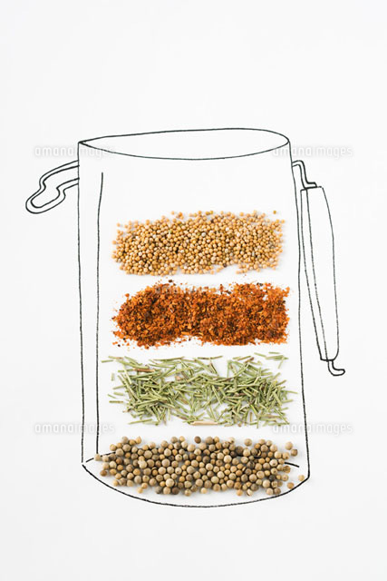 Assorted spices on drawing of canister
(c)Laurence Mouton/PhotoAlto