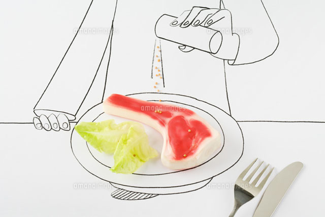 Drawing of person sprinkling peppercorns on plastic steak
(c)Laurence Mouton/PhotoAlto