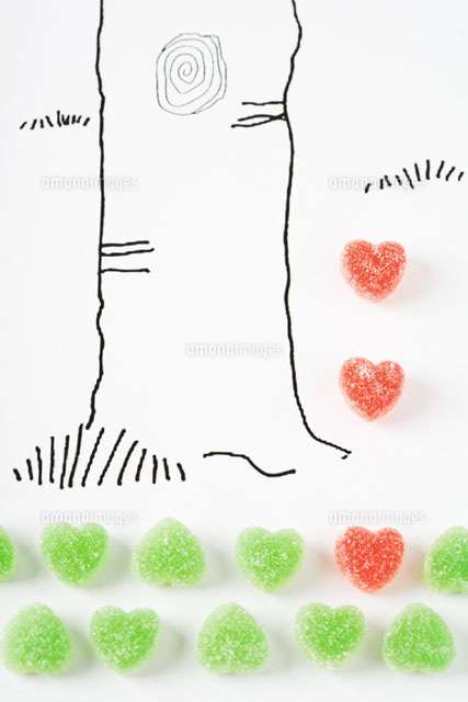Candy hearts and drawing of tree trunk
(c)Laurence Mouton/PhotoAlto