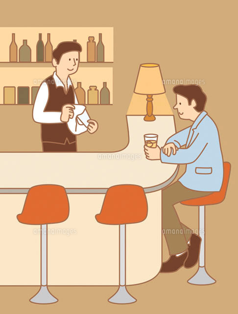 バーカウンターでお酒を飲む男性とバーテンダー イラスト
(c)SOURCENEXT CORPORATION