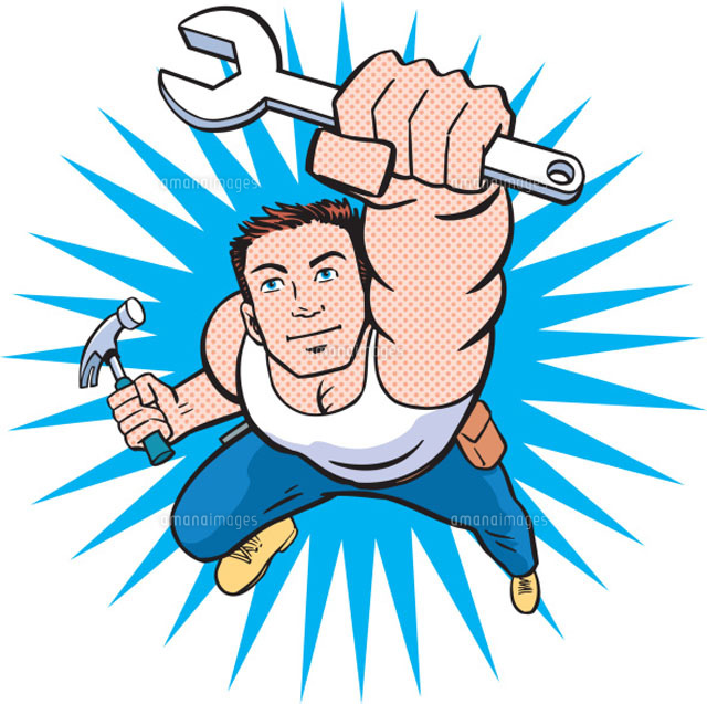 Carpenter holding wrench above head
(c)Paul Gilligan