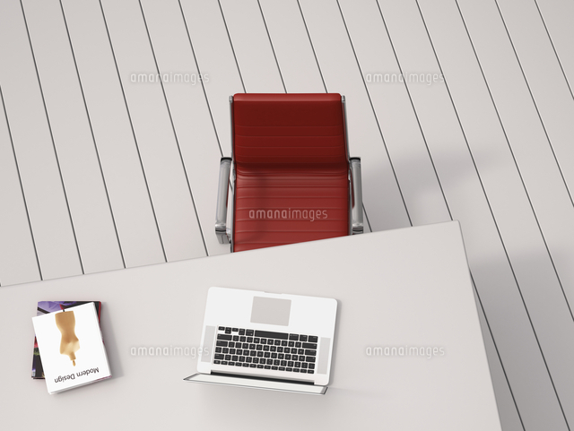 Digital Illustration of Overhead View of Desk with Red Chair, Laptop and Books
(c)Radius Images