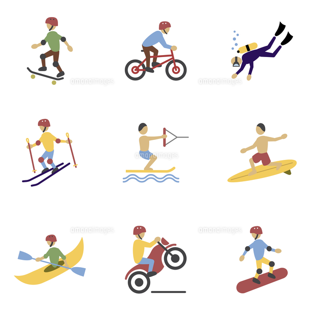 vacation travel extreme sports icons set of surfing biking rolling