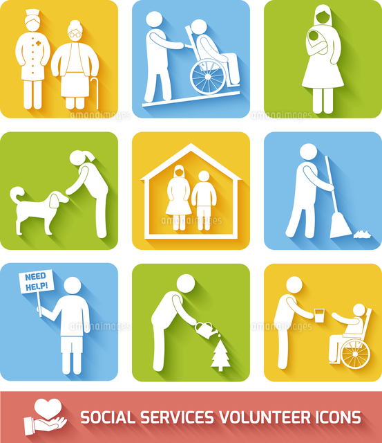 social help services and volunteer work icons set flat isolated