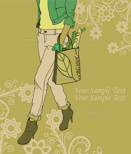 fashion girl with a bag of organic products on a floral background