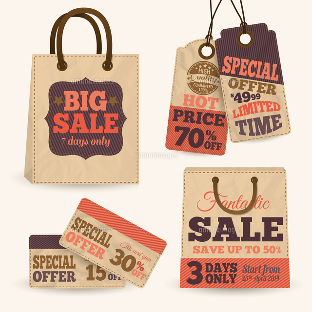 collection of paper sale price tags with shopping bags design